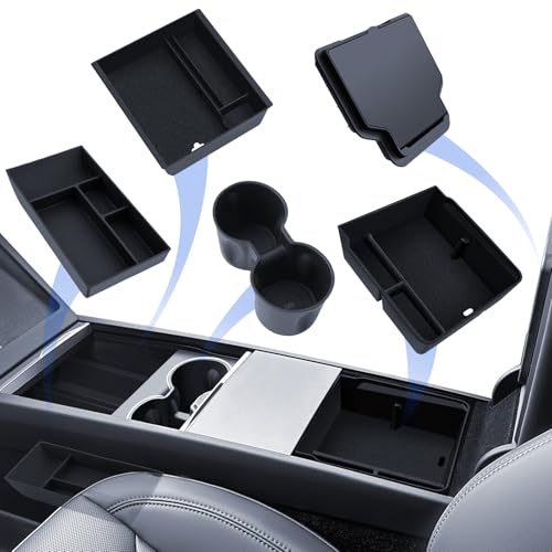 LANTU 5 Pcs Zubehör für Tesla Model Y 2025-2026 Juniper Mittelkonsole Organizer Silikon Organizer Tray Armlehne Aufbewahrungsbox Versteckte Box und Getränkehalter (Beflockung)