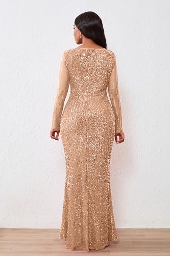 Image of VERWIN Women's Sequins Bodycon Round Neck Long Sleeve Sparkly Mermaid Maxi Dress for Casual Party Cocktail