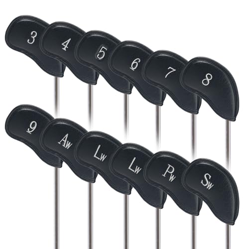 Craftsman Golf 12pcs Thick Synthetic Leather Golf Iron Head Covers Set Headcover Fit All Brands Titleist, Callaway, Ping, Taylormade, Cobra, Nike, Etc.
