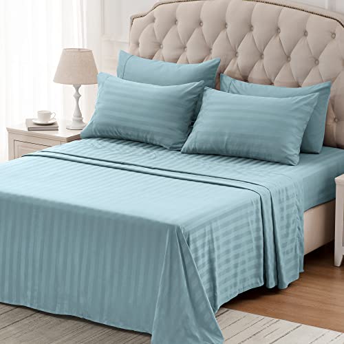SLEEP ZONE Striped Cooling Queen Sheets Set - Fitted Flat Sheet & Pillowcase Sets 4 Piece - Super Soft Stripe Bed Sheet, Easy Care, Deep Pocket (Flint Blue, Queen)