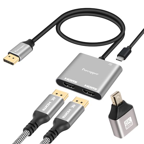 Purcopper DisplayPort to Dual HDMI Adapter (Dual 4K@60Hz),DP Port to HDMI 1 in 2 Out Splitter Extended Display MST 1 DP Male to 2 HD Female for Double Monitors, PC, Graphics Card
