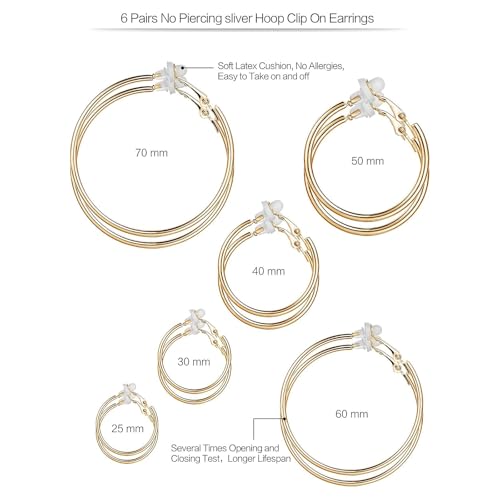 Sumind 6 Pairs Clip on Hoop Earrings Hoop Gold Earrings Non Piercing Earrings Set for Women, 6 Sizes