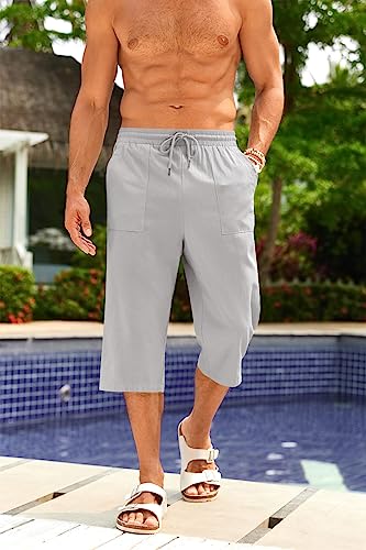 PASLTER Men's Linen Capri Pants Casual Lightweight 3/4 Pants Elastic Waist Drawstring Beach Yoga Shorts with Pockets2