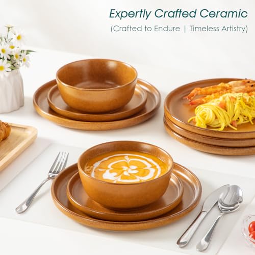 Image of vancasso Plates and Bowls Sets, 24 Pieces Stoneware Dinnerware Set for 8, Ceramic Dish Set for Kitchen, Microwave and Dishwasher Safe, Caramel Yellow, Series ZERMATT
