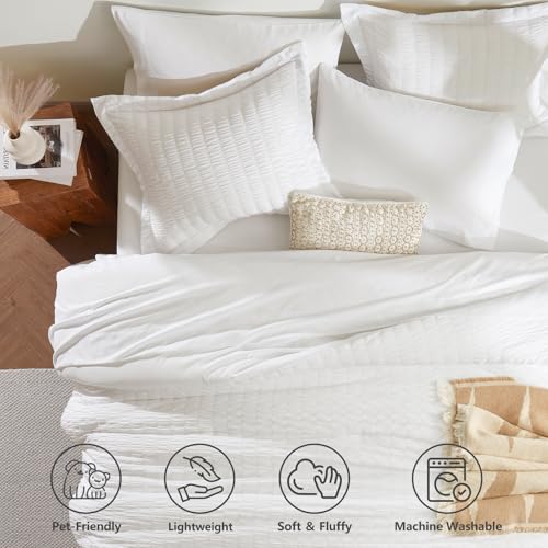 Image of CozyLux King Size Comforter Set White, 7 Pieces Seersucker Textured Luxury Bed in a Bag, All Seasons Soft Bedding Sets with Down Alternative Comforter, Sheets, Pillowcases & Shams, Bedroom Bed Set