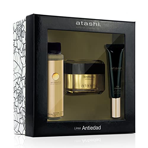 Atashi | Cofre de Belleza Ritual Diario Antiedad | Crema Reparadora + Contorno De Ojos Antiarrugas + Aceite Corporal Mágico | 50ml + 15ml + 60ml