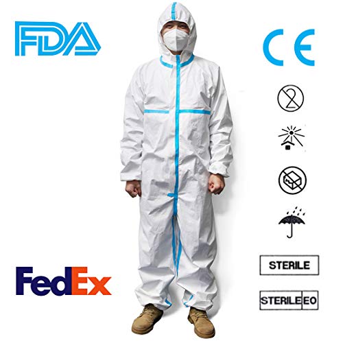 HEEHIPO Disposable Protective Coverall Suit,White,Long Front Zipper,Elastic Waistband & Cuffs,Isolation Suit 1PC