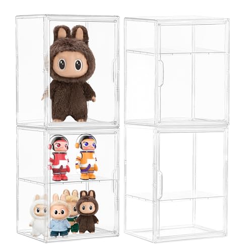 Acrylic Display Case, 4 Pack Large Figure Clear Display Case, Adjustable Layers with a Removable Divider Display Cases for Collectibles with Magnetic Door