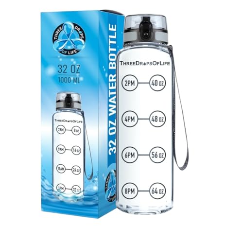 Three Drops of Life Time Marked Water Bottle, Clear Sports Timed Bottle 32 oz, Best for Measuring Water Intake, Tritan BPA-Free One Liter Hydration Tracker