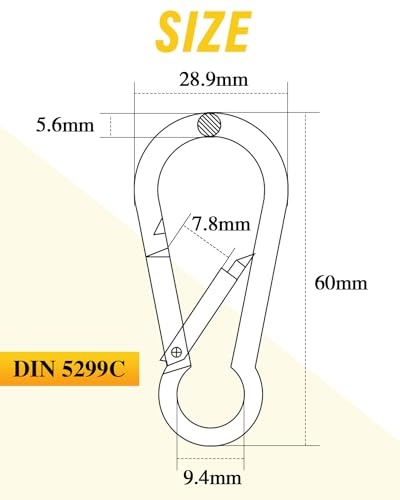Caianwin 8 Stück Karabinerhaken φ6*60mm, DIN 5299C Karabiner Tragfähigkeit bis zu 135kg Karabinerhaken Groß aus verzinktem Stahl für Rucksack, Hundeleine, Camping, Reisen, Wandern