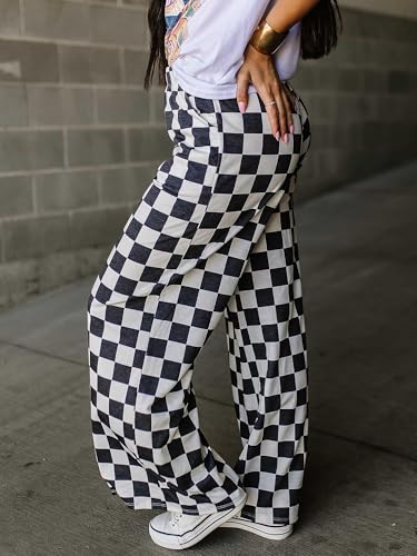 IWOLLENCE Women's Casual Loose Checkered Wide Leg Pants High Waist Straight Lounge Y2K Gingham Trousers Summer2