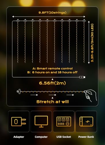 Image of Brightown 2 Pack 300 LED Fairy Curtain Lights, 9.8ft x 9.8ft String Lights | Warm White USB Plug in 8 Lighting Modes Christmas String Hanging Lights with Remote for Bedroom Indoor Outdoor Party