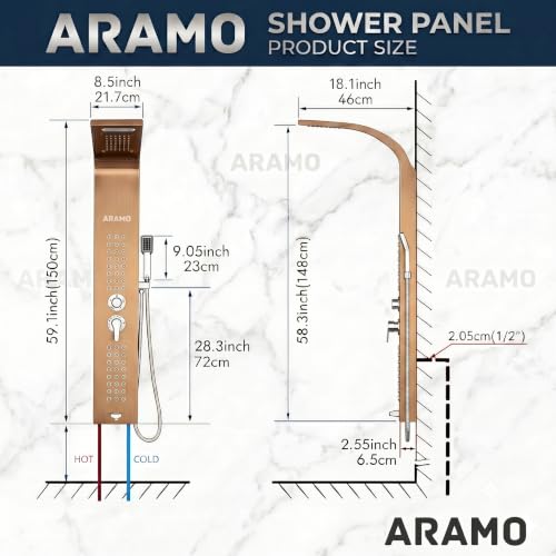 Image of ARAMO Shower Panel - Wave with Waterfall Shower, Massage Jet, 5 Water Functions (Rose Gold)
