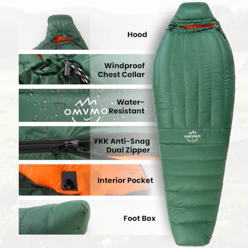 Saco de dormir momia OMVMO de plumas con 600 Fill Power, caja térmica para pies, portátil para camping todo el año miniatura 4