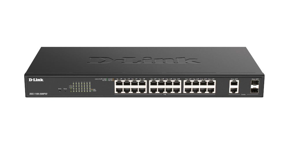 D-Link DGS-1100-24V2/E Gigabit Smart Switch (24 Ports, 10/100/1000 Mbit/s, einfache Plug & Play-Installation, lüfterlos) - Nur EU-Netzkabel, Schwarz