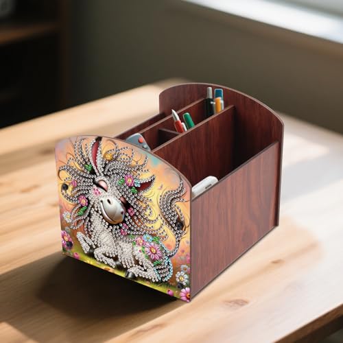 Image of Diamond Painting Wooden Desk Organizer Donkey Design, DIY Diamond Art Storage Box for Home Office Tabletop, Decorative Wooden Craft Organizer for Stationery & Accessories