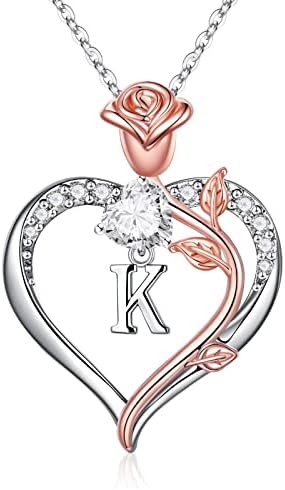 STORUP Rose Initial Necklaces for Women Teen Girls, Letter K Initial Heart Necklace Jewelry for Women Teen Girls Mom Gifts Birthday Gifts for Daughter Women Wife Grandma Romantic Gifts for Her
