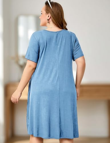 Image of OVERWORETY Womens Short Sleeve Plus Size T-Shirt Dress V Neck Casual Loose Swing A-Line Summer Tunic Dresses with Pockets