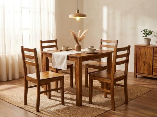 Image of DecorNation Myra Solid Wood 4 Seater Dining Table Set for Home | Premium Wooden Dining Table with 4 Chairs | Natural Finish | Durable Dining Furniture