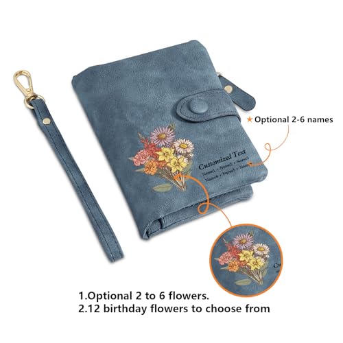 Personalized Wallet for Women Mother - Engraved with Name - Custom Birth Flowers - Mother's Day Gifts for Mom Grandmother Grandma (PinK/B)3