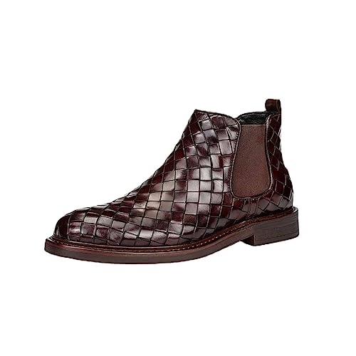 LAVAEGG Mens Chelsea Boots Leather Woven Slip on Dress Boots for Men Comfortable Ankle Casual Boots