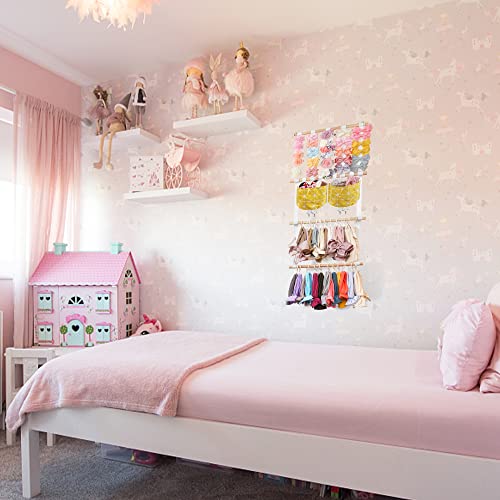 Image of kangaroo Hairband Organizer for Baby Girls, Large Capacity Bow Holder Hair Accessories Wall Hanging Organizer with 20 S-hooks and 2 Pockets, Yellow