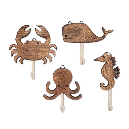 Crane Baby Sea Life Wooden Wall Hooks - Set of 4 Wooden Ocean Nursery Decor Towel Hooks, Brown by Crane Baby - Used condition - US$25.58