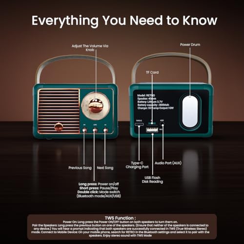 Image of Walta Elite Retro Portable Bluetooth Speaker, Vintage Design, Green, 10W, TWS Mode, BT 5.4, USB /AUX /TF, Type-C Charging, up to 5Hrs Playtime