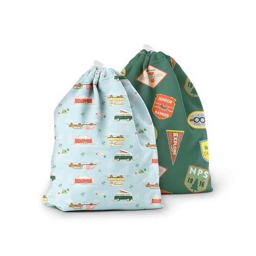 Image of Esembly Ditty Bag Duo - Reusable Waterproof Wet Bags for Cloth Diapers, Swimsuits, Toiletries, and Snacks, Set of 2 - Adventure Badges and Vintage Campers