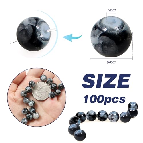 TOAOB Pack of 100 8 mm Crackle Glass Beads Black Round Marble Effect Loose Beads Natural Craft Beads for DIY Bracelets Necklaces Jewellery Making - Image 2