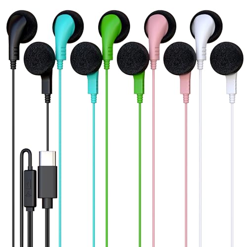 5 Pack Bulk Wired Earphones, USB-C, in-Ear, Mic, Compatible with Phone, Tablet, Laptop, PC for School, Online Class, Meeting, Web Conference, Test, Mix
