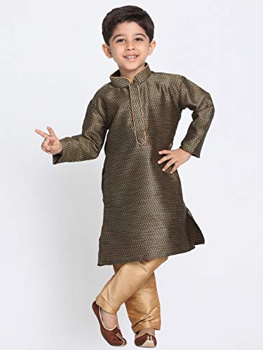 Image of JBN Creation Boys' Full Sleeve Silk Blend Kurta Pyjama Set with Mandarin Collar, Featuring Ethnic Motifs, Self-Design, and Embellishments - Perfect for Festivals and Special Occasions