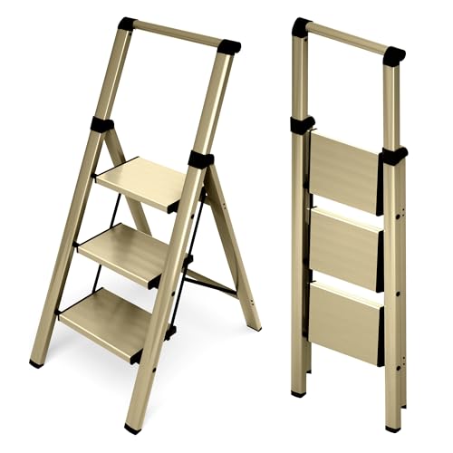 HillhutApex 3 Step Foldable Aluminum Step Ladder with Handgrip Anti-Slip Pedal 330 lbs Capacity Lightweight & Portable for Home Kitchen Office Garage (Gold)