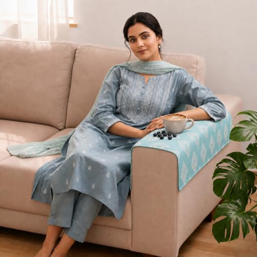 Image of STITCHNEST 'Verdant Rekhika Stories' Sofa Armrest Cover | Elegant Jacquard Fabric, Washable & Durable for Modern Living (18 x 22 Inches)