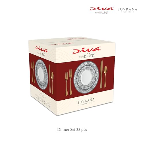 Image of La Opala Diva Sovrana Collection Opal Glass Crockery | for Family of 6 | Dinner Set 35 pcs Regent Red | Plates & Bowls for Dining | Microwave Safe | 100% Vegetarian | Extra Strong | Light & White