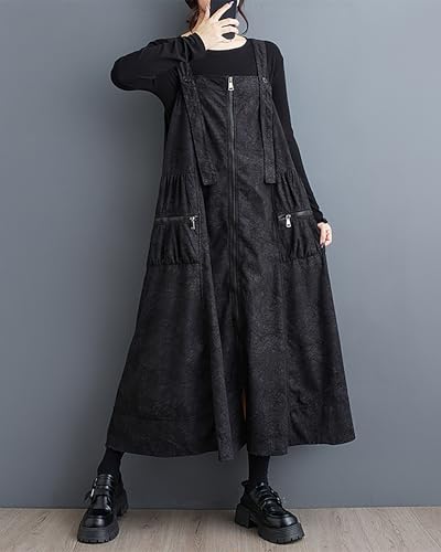 ellazhu Women's Dress Coat Strap Shoulder Zipper Two Side Pockets Flowy Hem Solid Color Loose Oversize GZ2793