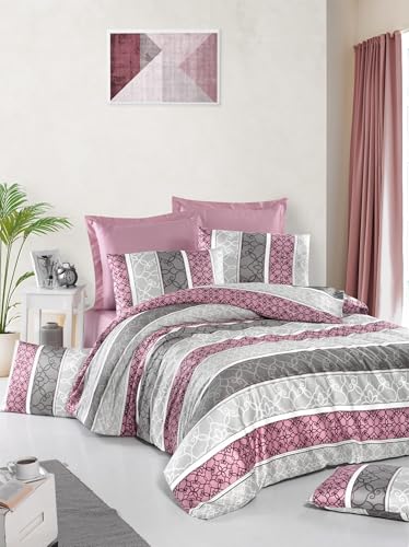 Parure de lit double satin confort absolu rose doux et gris chic