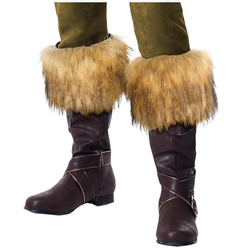 Image of L'VOW 2pc Viking Fur Boot Cuffs Brown Fur Leg Warmers Medieval Furry Boots Covers for Women Men Halloween