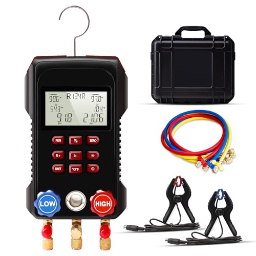ThermElc AMF-300 Juego de Manómetros Digitales,DigitalJuego de manómetros digitales para refrigeración para 93 tipos de refrigerantes con 2 pinzas de temperatura y mangueras de 3000 psi