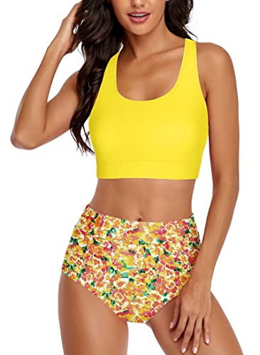 Omichic Women's High Waisted Two Piece Bikini Set Vintage Swimsuit Halter Top With Bottom Bathing Suit Sporty Swimwear #TOP27