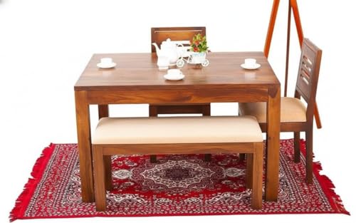Image of RECTART Solid Wood Dining Table Set with Chairs for Living Room Home | Wooden Dining Room Sets Furniture for Hotels and Restaurants | (Natural Teak Urban, 4 Seater with Bench)
