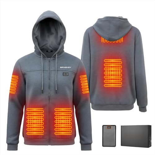 Brimekey Reißverschluss Beheizbarer Hoodie mit Fleecefutter für Herren & Damen 7.4V 20000mAh Akku - 6-Zonen Smart Heizjacke 3 Heizstufen für Outdoor Camping Wandern