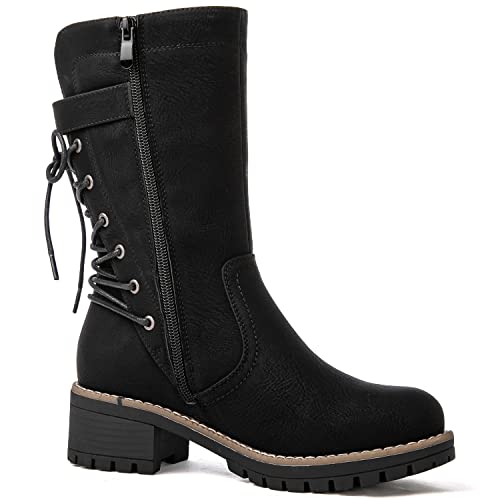 Image of GLOBALWIN Women's Biker Boots Lace up Back Mid Calf Motorcycle Fashion Festival Boots Combat Riding Military Boots for Women