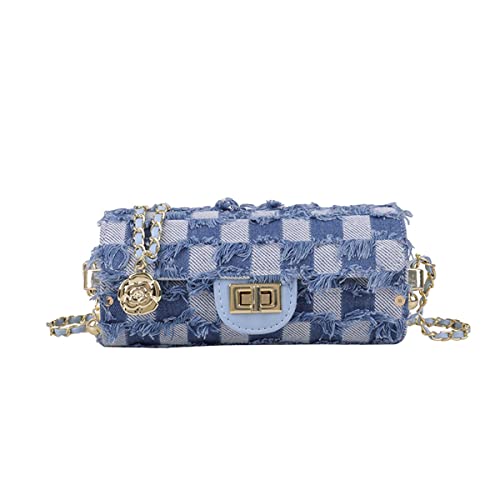 Image of Nova&Aria Women Small Shoulder Bags Quilted Crossbody Distressed Jean Denim Purse Evening Bag Clutch Handbag with Chain Strap-Checkered