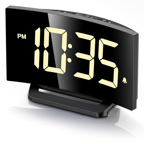 GOLOZA Digital Alarm Clock for Bedroom, Digital Clock with Modern Curved Design, Conspicuous White LED Numbers, 5 Levels Brightness+Off, 2 Volume, 3 Alarm Tones, Snooze,Power-Off Memory,12/24H