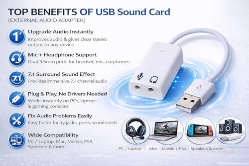 Image of 7.1 USB Gaming Sound Card, Channel External Audio Adapter Stereo Sound Card Converter 3.5mm AUX Microphone Jack for Gaming Headset Earphone PS4 Laptop Desktop Windows Mac OS Linux, Plug Play