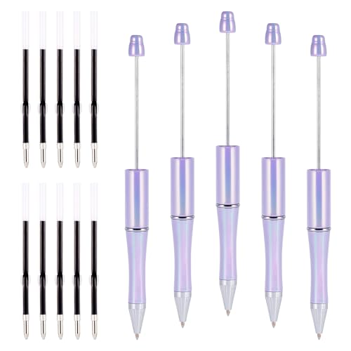 Magibeads 5Pcs Beadable Ballpoint Pens 1mm Black Ink Plastic Beaded Ball Point Pens 10Pcs Pen Refills DIY Pens for Office School Crafts Pens Making Supplies Teacher Student Graduation Lilac
