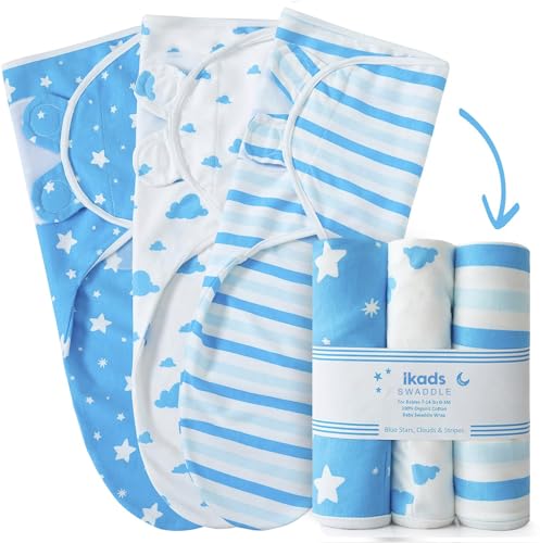 Image of ikads Baby Swaddle 0-3 Months 100% Cotton Swaddles for Newborns - Small/Medium 3-Pack Wearable Baby Wrap Swaddle Blanket with Adjustable Hooks & Loop - Easy to Use Sleep Sack (Blue)