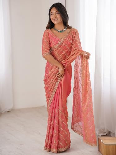 Image of AKHILAM Women's Shimmer Chiffon Heavy Sequence Embroidery Work Saree With Unstitched Blouse Piece (VT798A VM Parent)