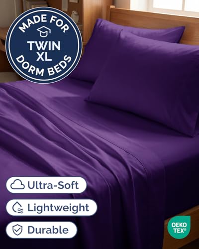 Image of Twin XL 4 Piece Sheet Set - College Dorm Room Essentials - Purple | Ultra Soft Dorm Bedding Set, 8 inch to 16 inch Inch Deep Pockets, 1 Flat & 1 Fitted Sheet & 2 Pillowcases, Wrinkle & Fade Free